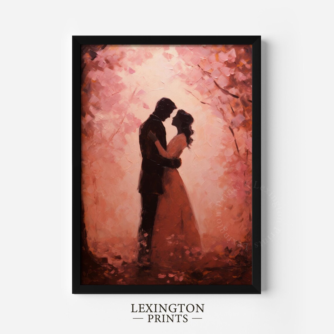 Romantic Couple Silhouette Embracing in Pink Blossom Trees Poster - Image 6