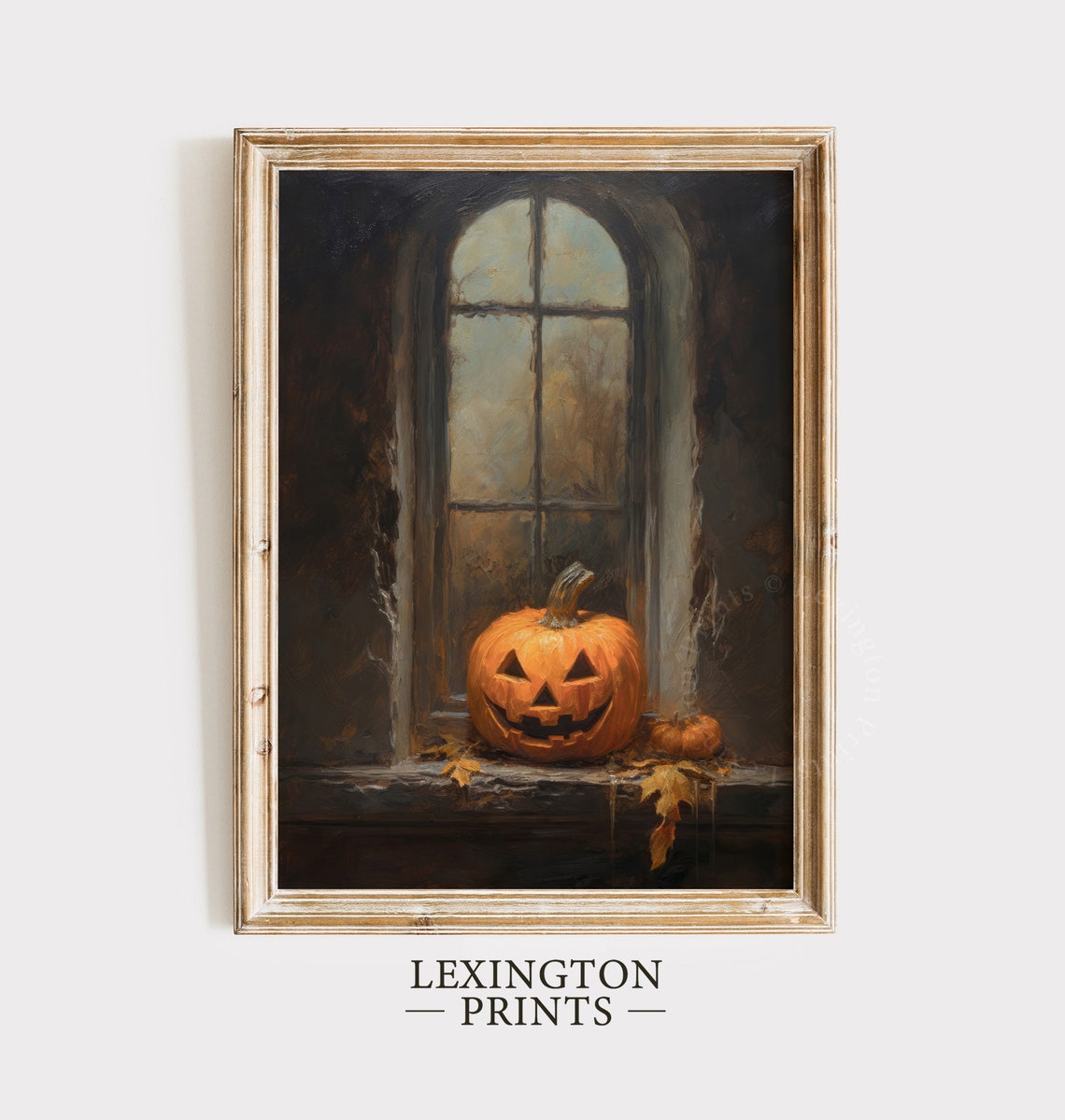 Jack-o-Lantern on Dark Arched Window Sill Moody Oil Painting Poster - Image 2