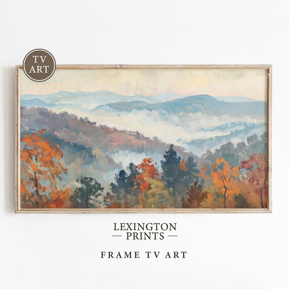 Foggy Fall Mountains with Orange Autumn Trees Frame TV Art Print