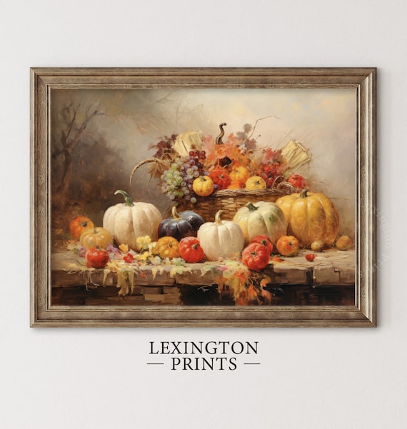 Fall Harvest Still Life with Pumpkins Corn and Grapes Vintage Wall Art