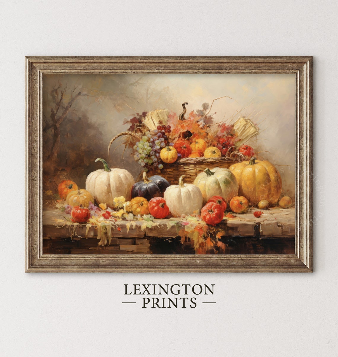 Fall Harvest Still Life with Pumpkins Corn and Grapes Vintage Wall Art