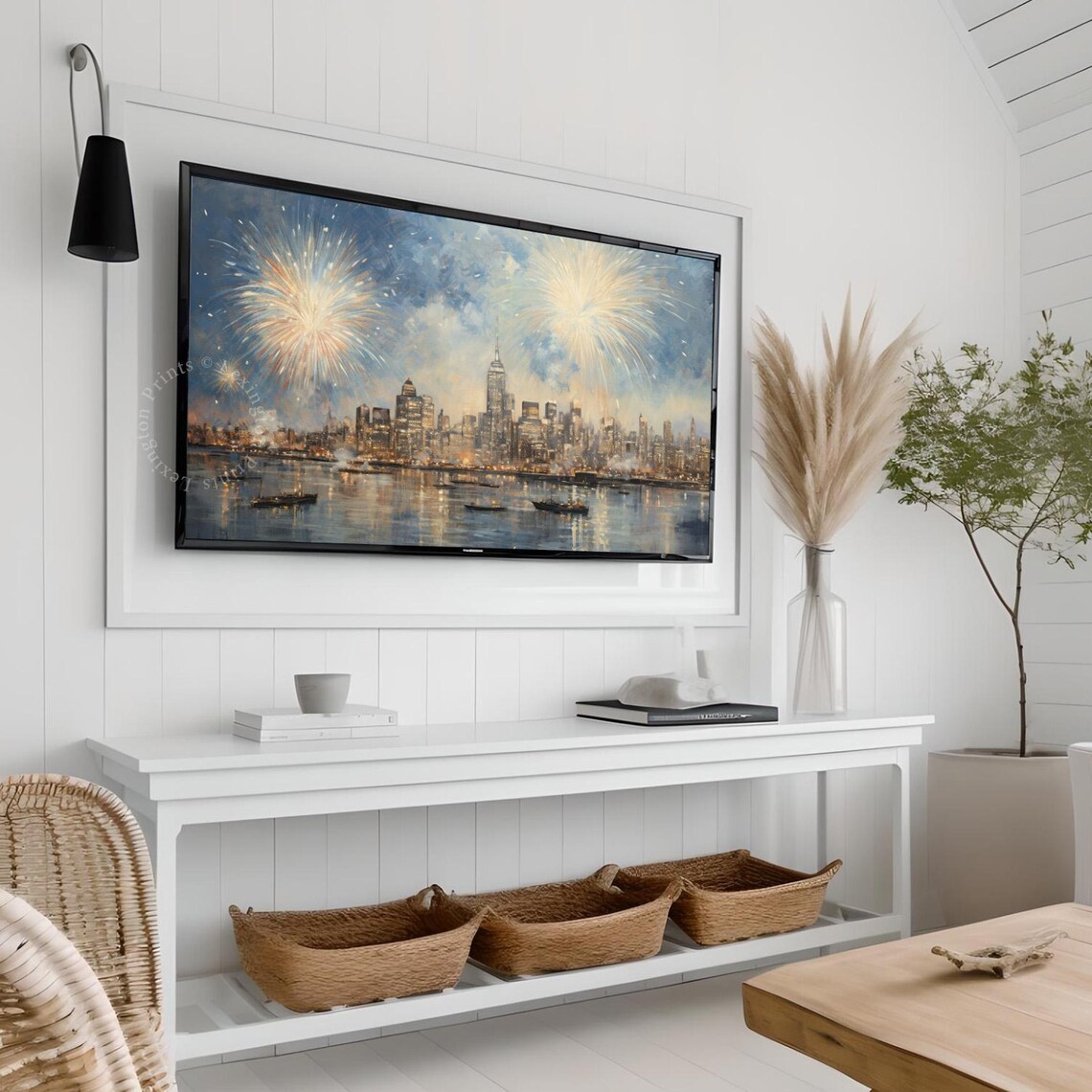 New York Skyline Fireworks Harbor Night Celebration Painting Poster - Image 7