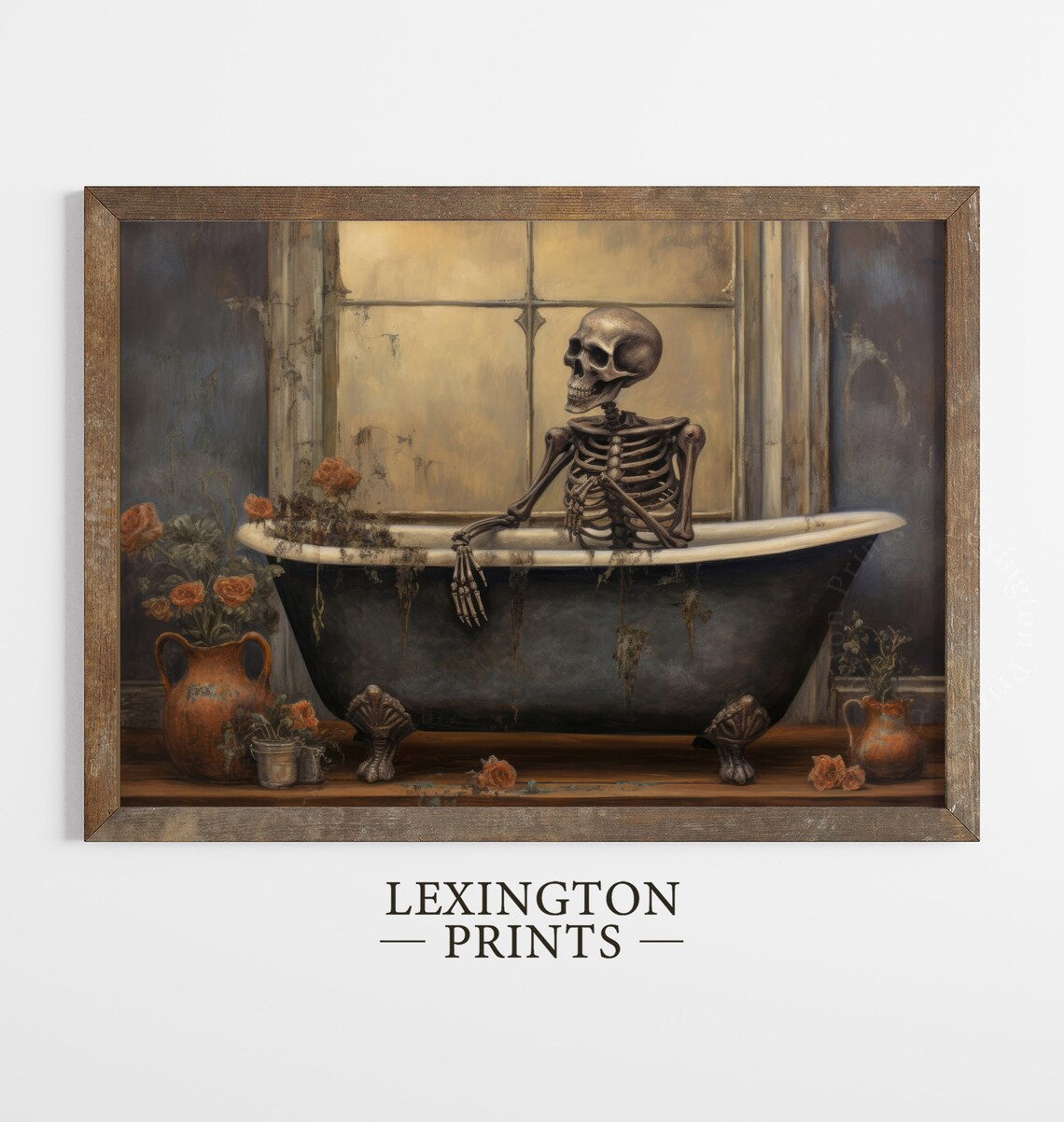Skeleton in Vintage Clawfoot Bathtub Moody Halloween Wall Art