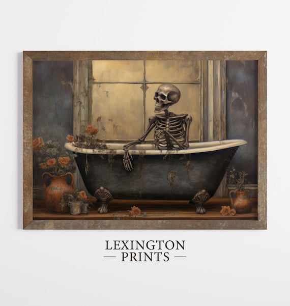 Skeleton in Vintage Clawfoot Bathtub Moody Halloween Wall Art