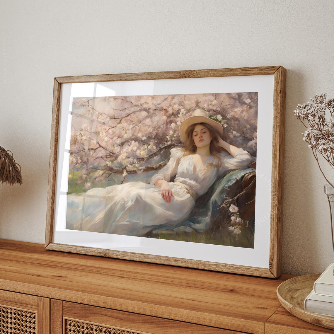 Woman Resting Under Cherry Blossom Tree in White Dress Spring Poster - Image 8
