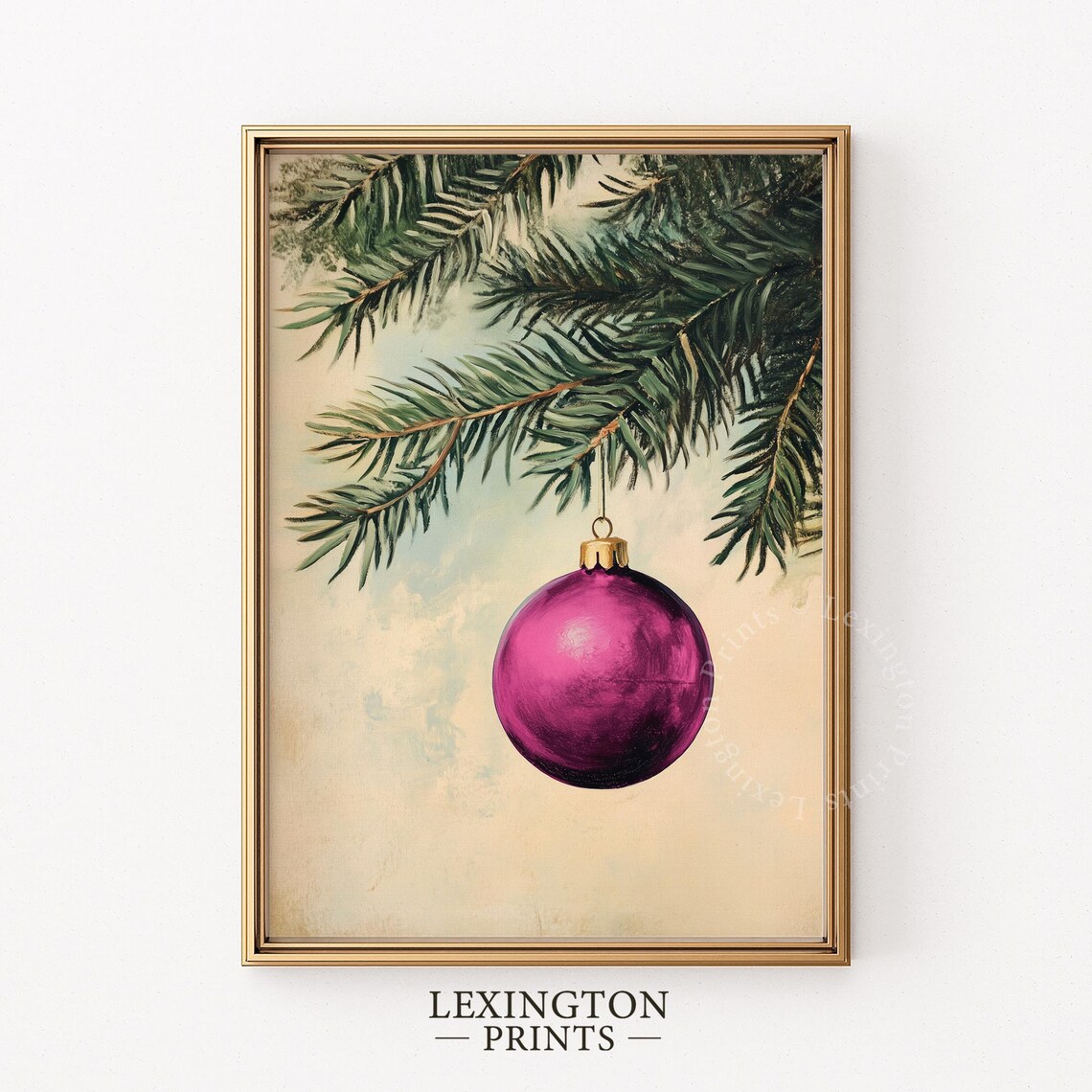 Magenta Christmas Ornament on Pine Branch Vintage Holiday Poster - Image 4