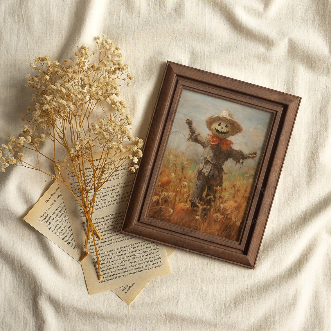 Scarecrow with Jack O Lantern Head in Pumpkin Field Fall Poster - Image 3