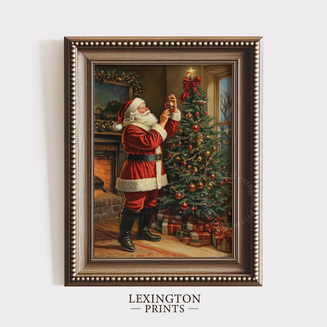 Santa Decorating Christmas Tree Fireside Vintage Holiday Poster - Image 5