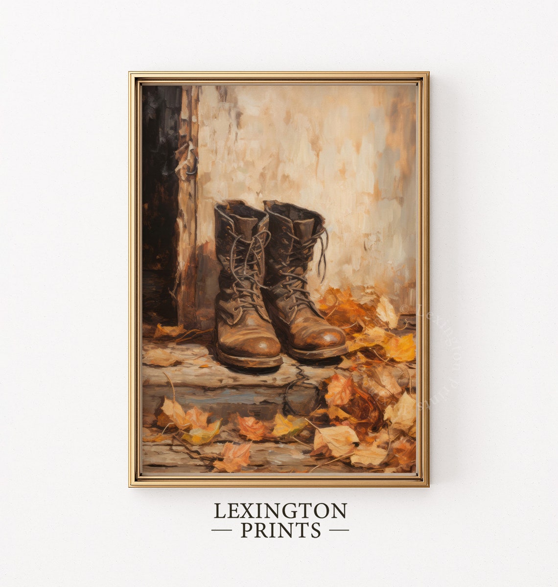 Worn Leather Work Boots Doorway Autumn Leaves Rustic Still Life Poster - Image 4