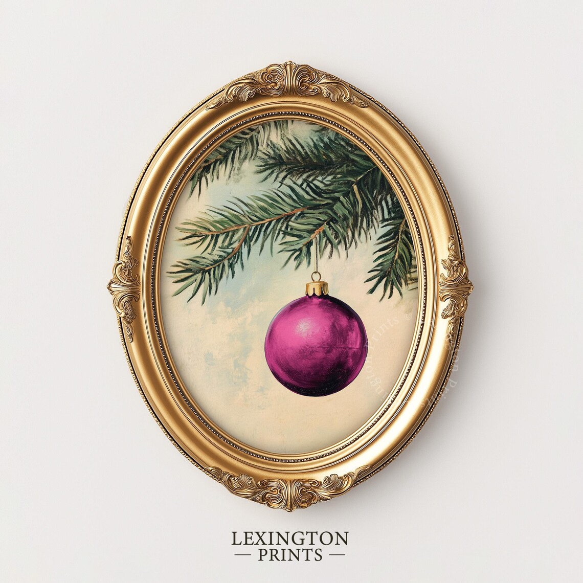 Magenta Christmas Ornament on Pine Branch Vintage Holiday Poster - Image 5