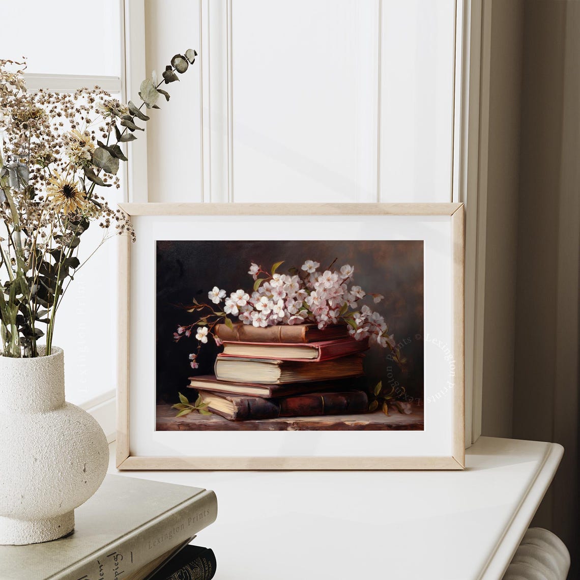 Cherry Blossom Branches Resting on Stack of Old Books Still Life Print - Image 3