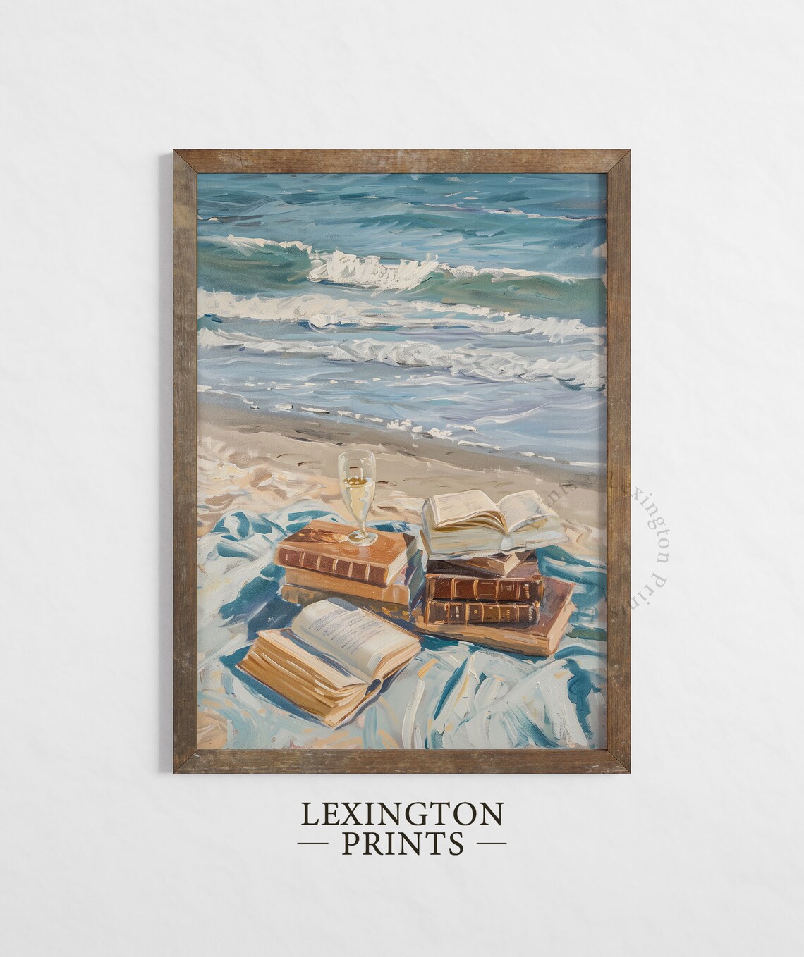 Books and Wine on the Beach Coastal Summer Oil Painting Poster - Image 5