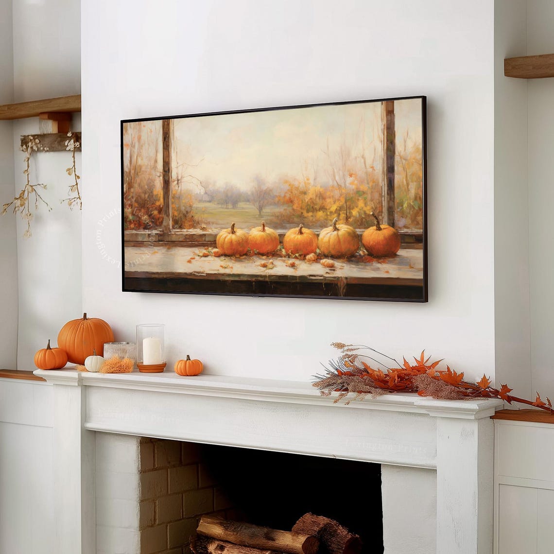 Five Pumpkins on Window Sill Autumn View Frame TV Art Fall Print - Image 3