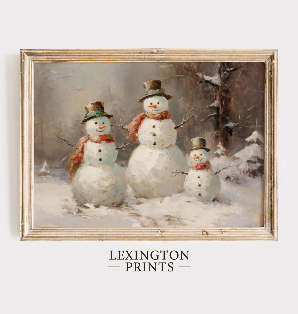 Snowman Family Trio Vintage Christmas Winter Oil Painting Poster