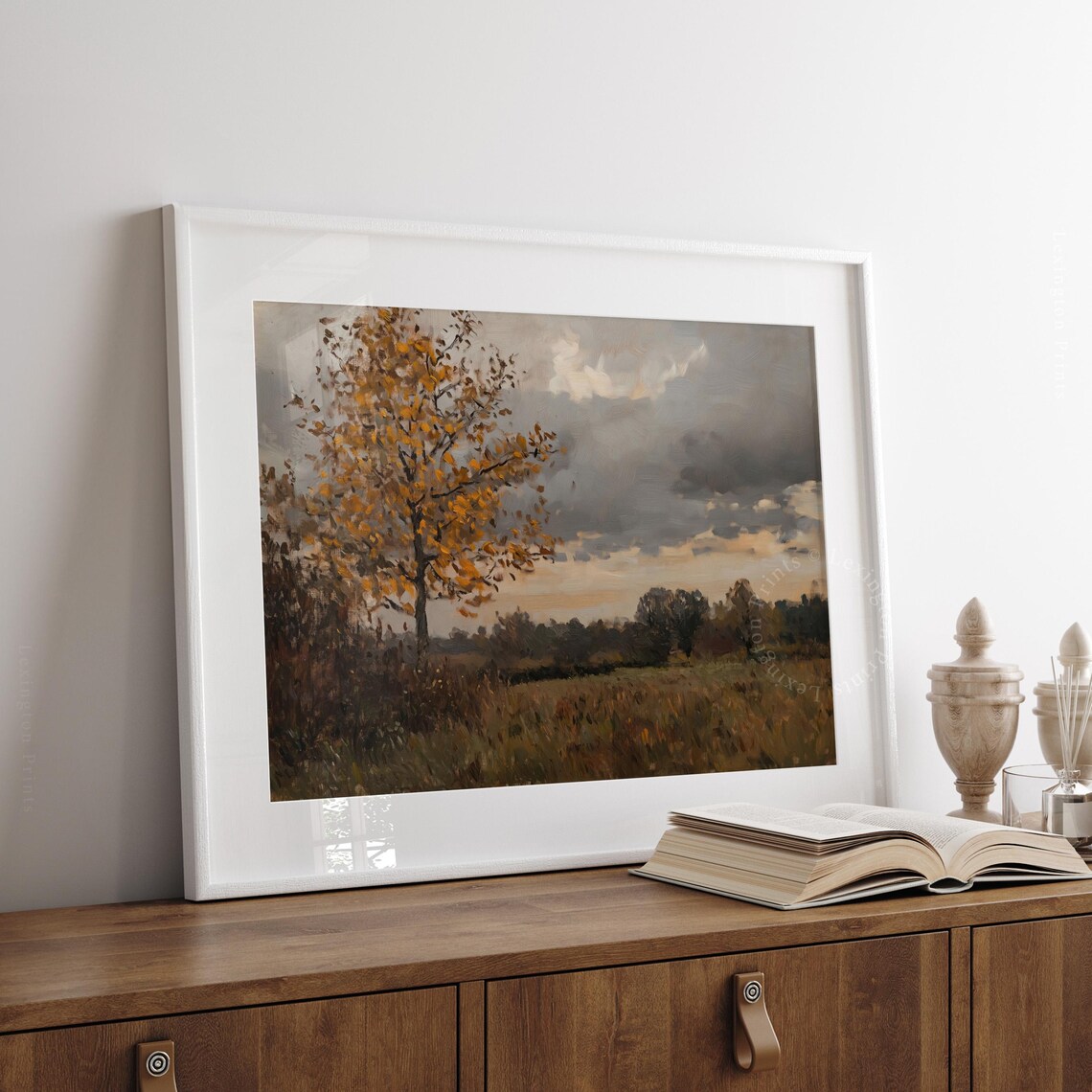 Golden Autumn Tree in Open Field Cloudy Sky Oil Painting Poster - Image 3
