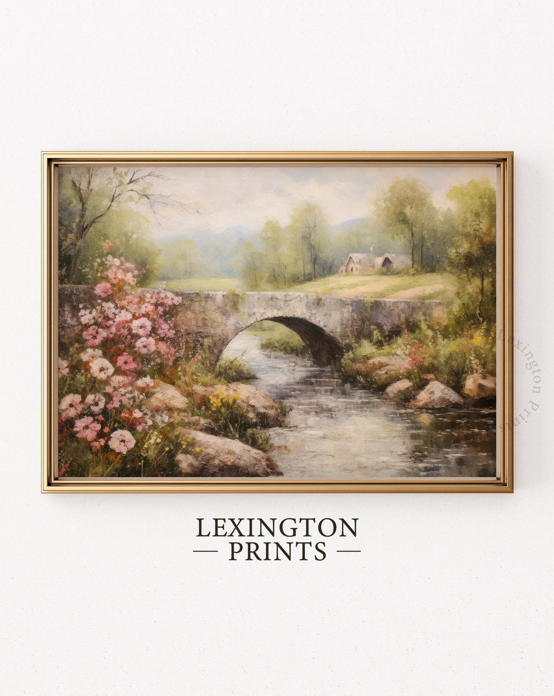Stone Bridge Over a Stream Countryside Cottage Landscape Poster - Image 6