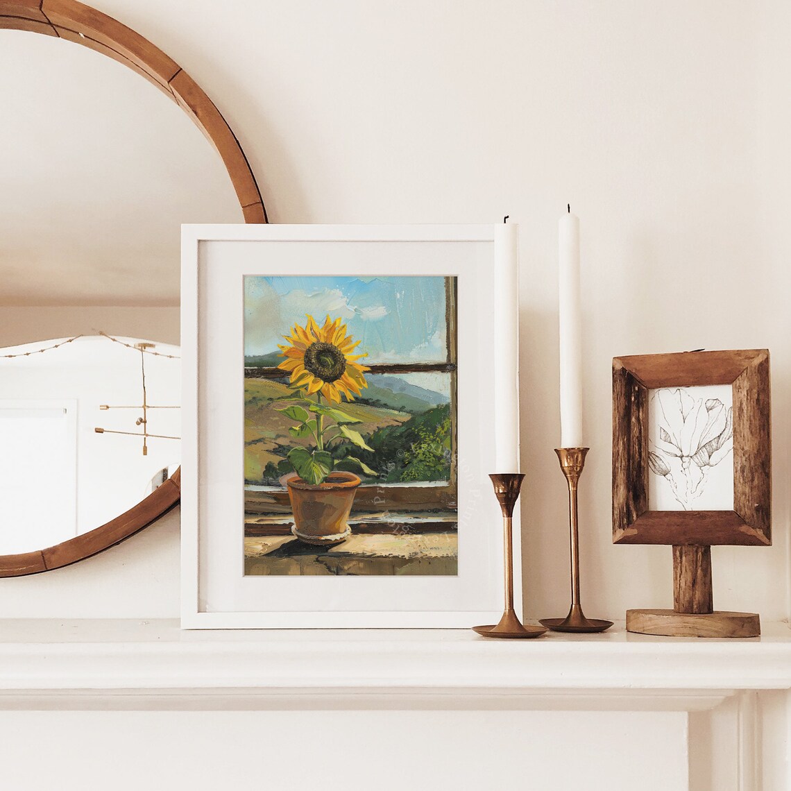 Potted Sunflower Painting Sunny Windowsill Rolling Hills Farmhouse Poster - Image 4