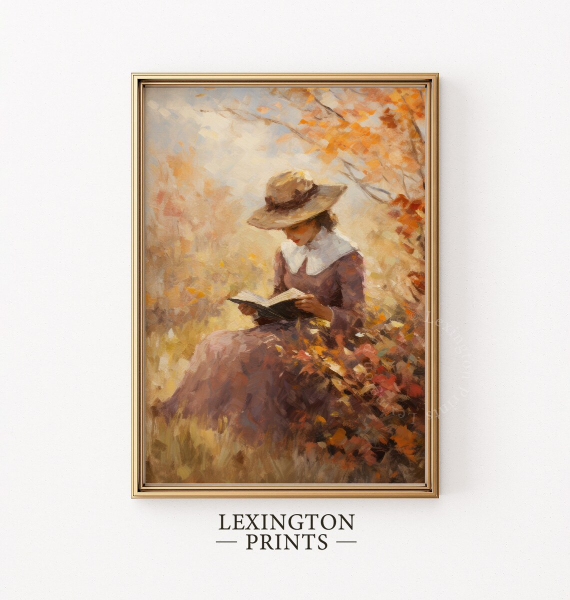 Woman Reading in Autumn Garden Vintage Hat Fall Foliage Art Poster - Image 3