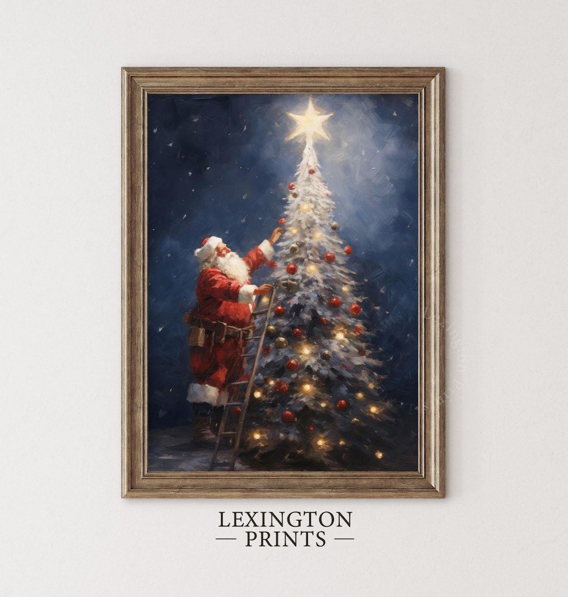 Santa Claus Decorating White Christmas Tree Night Scene Holiday Poster - Image 5