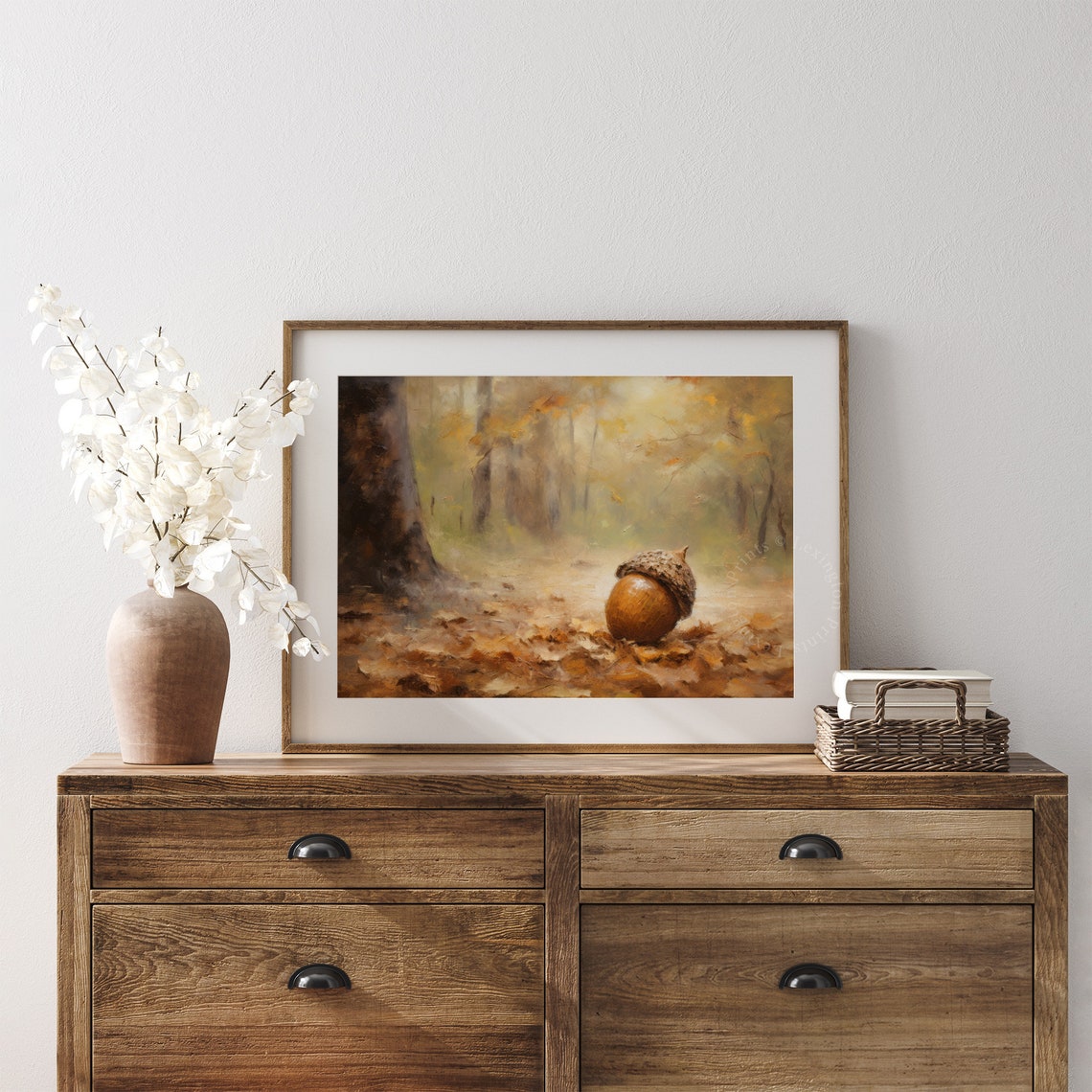 Single Acorn on Autumn Leaves Misty Fall Forest Still Life Poster - Image 6
