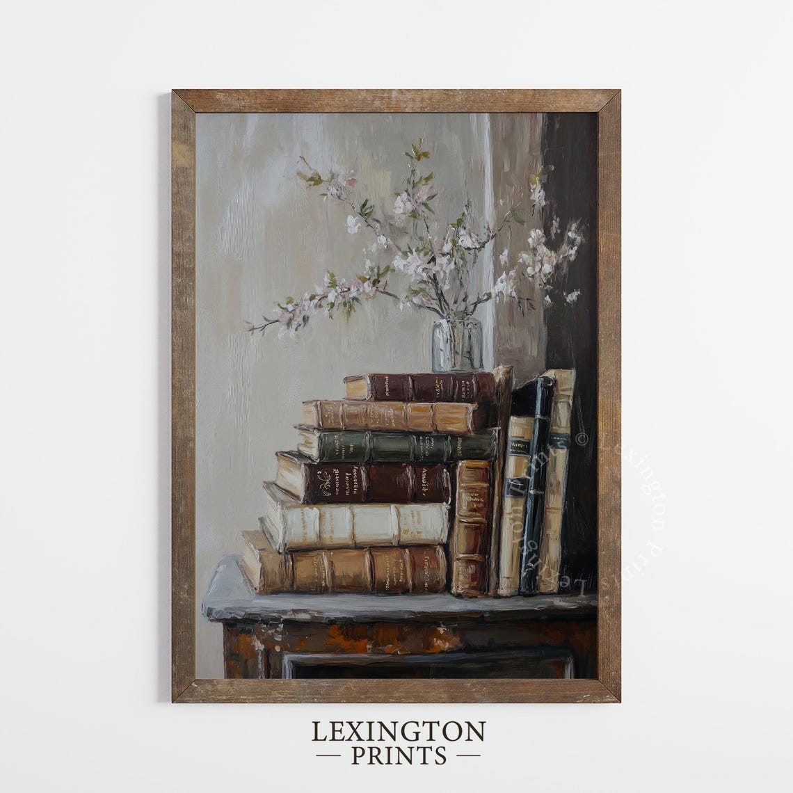 White Blossom Branches on Stack of Antique Books Vintage Art Print - Image 2