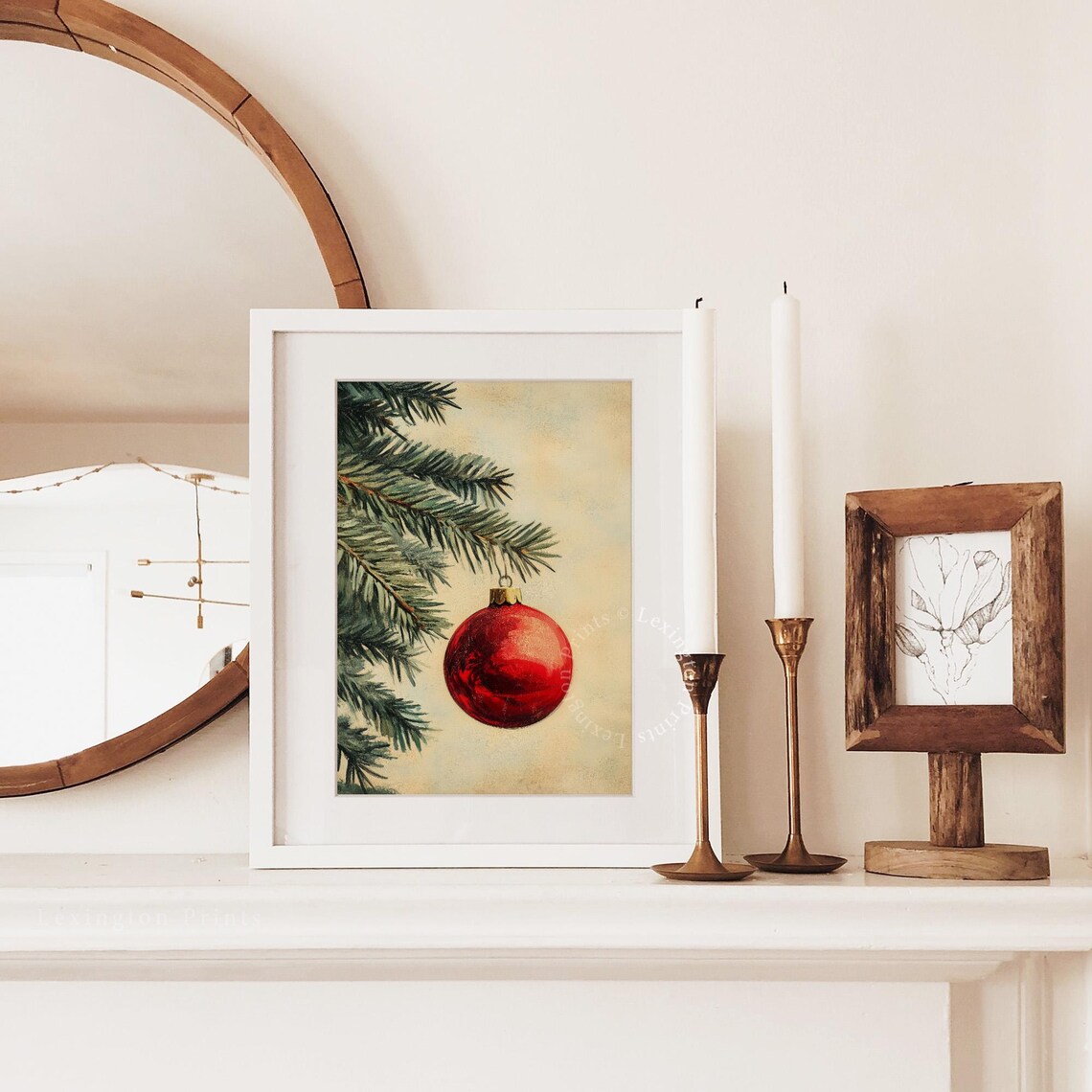 Single Red Christmas Ornament on Pine Branch Minimalist Vintage Poster - Image 2