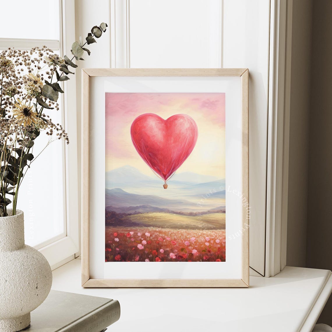Red Heart Hot Air Balloon Over Wildflower Meadow Sunset Art Print