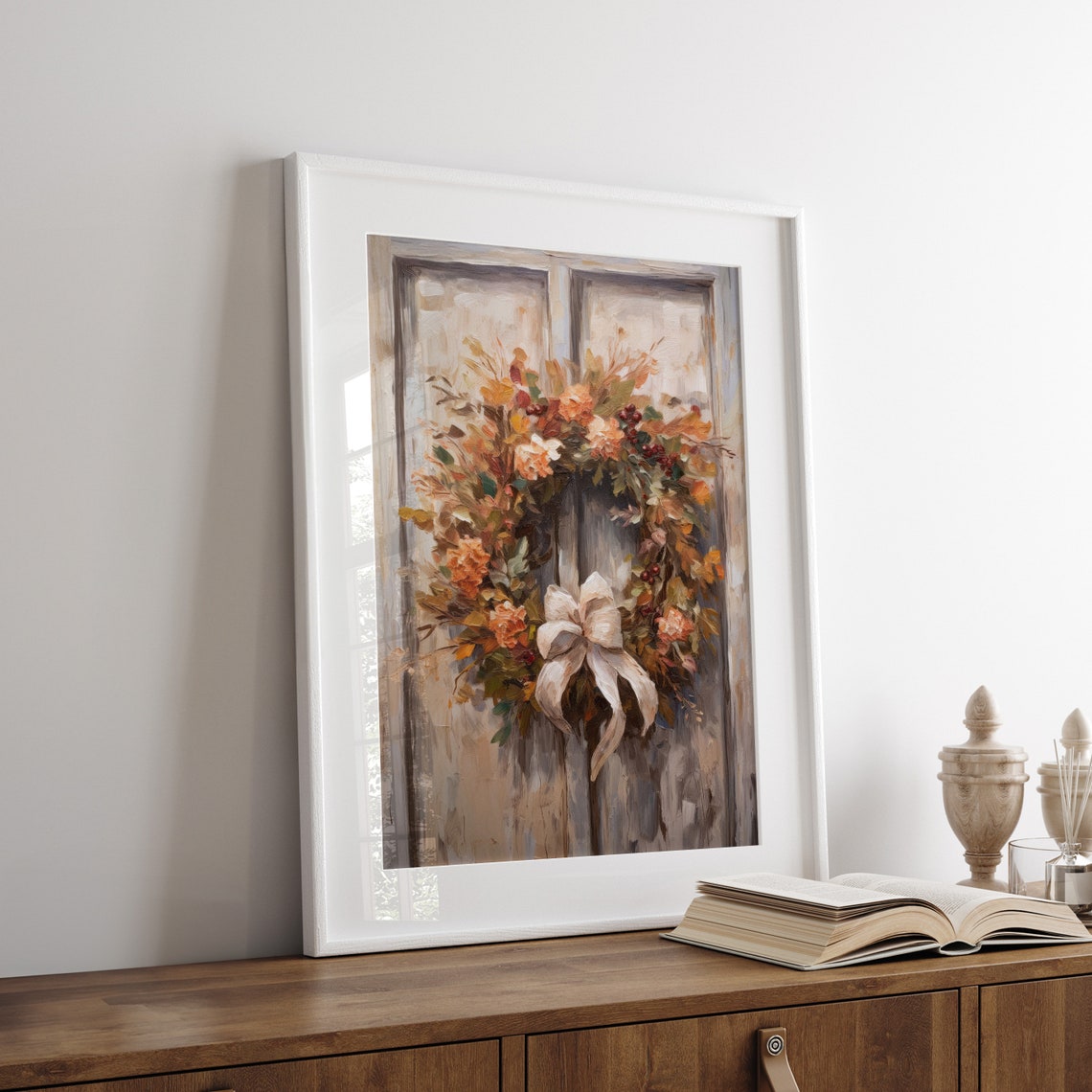 Fall Wreath with Bow on a Rustic Door Autumn Painting Poster - Image 7
