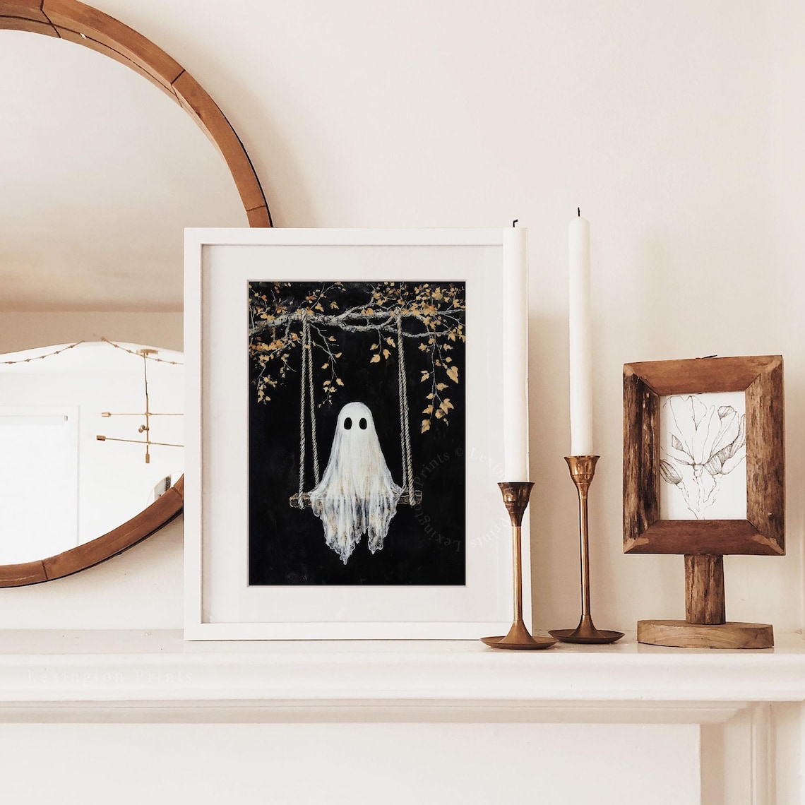Cute White Ghost on a Swing Under Autumn Tree Halloween Poster - Image 3