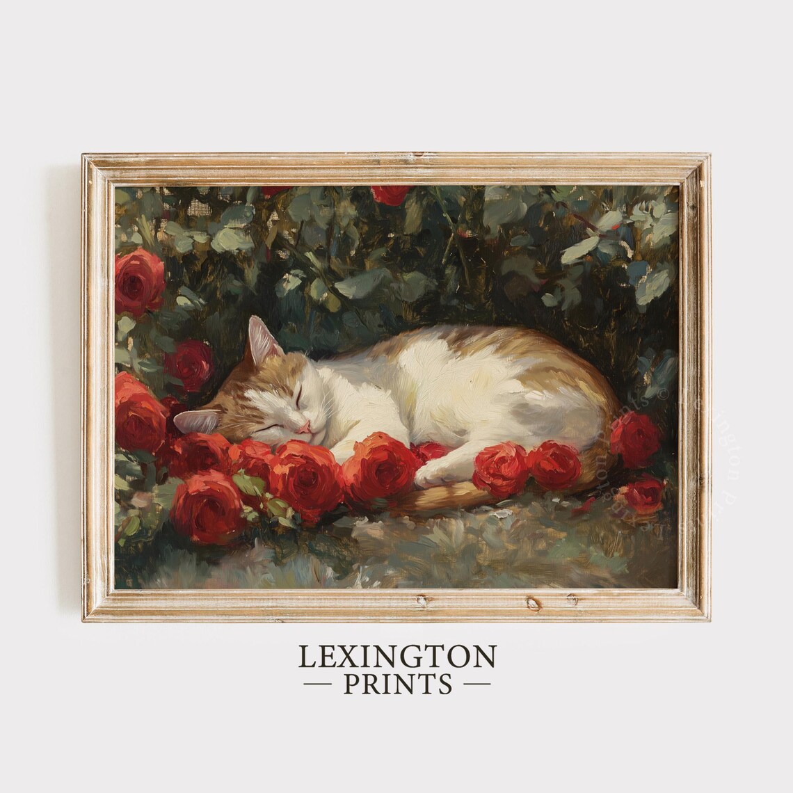 Sleeping Cat Among Red Roses Vintage Floral Oil Painting Wall Art - Image 5