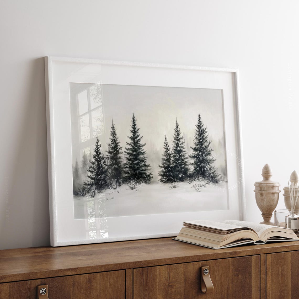 Dark Pine Trees in Falling Snow Neutral Minimalist Winter Poster - Image 3
