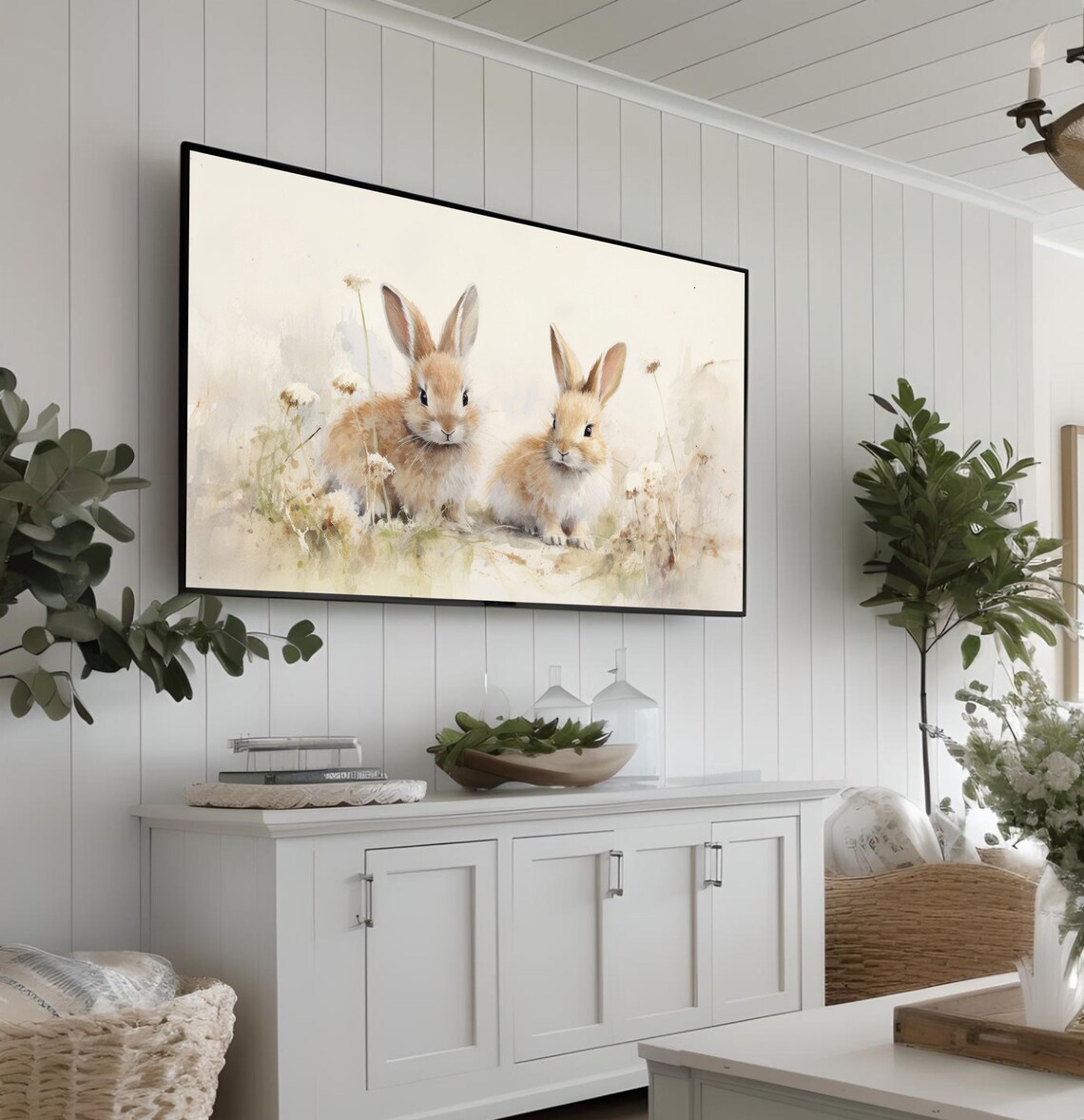 Baby Bunnies Pair Soft Watercolor Cream Background Easter Frame TV Art Poster - Image 3