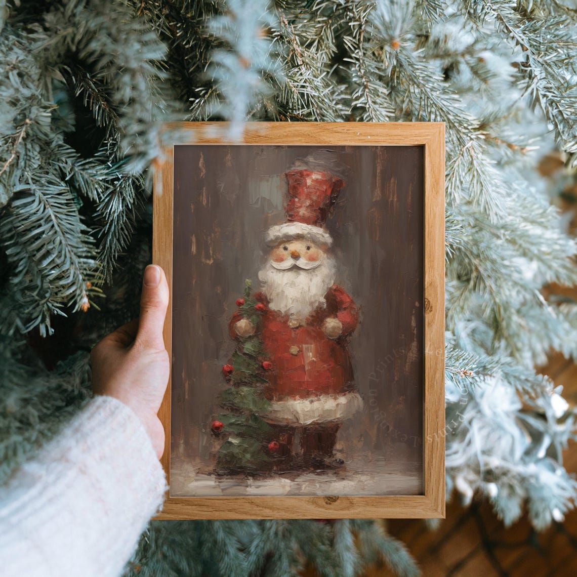 Rustic Folk Art Santa with Tall Red Hat Holding Berry Tree Poster - Image 8