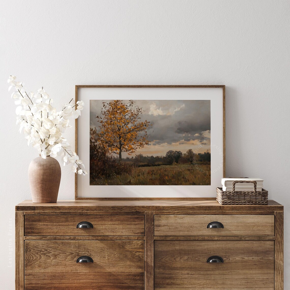 Golden Autumn Tree in Open Field Cloudy Sky Oil Painting Poster - Image 6