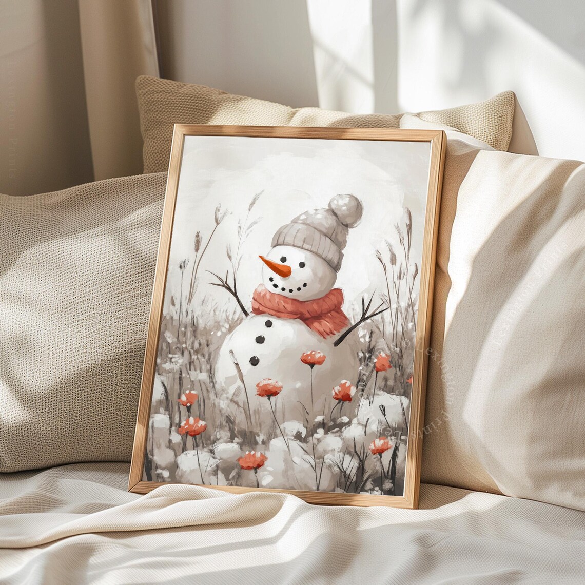 Neutral Snowman with Coral Scarf in Winter Field Christmas Wall Art - Image 3
