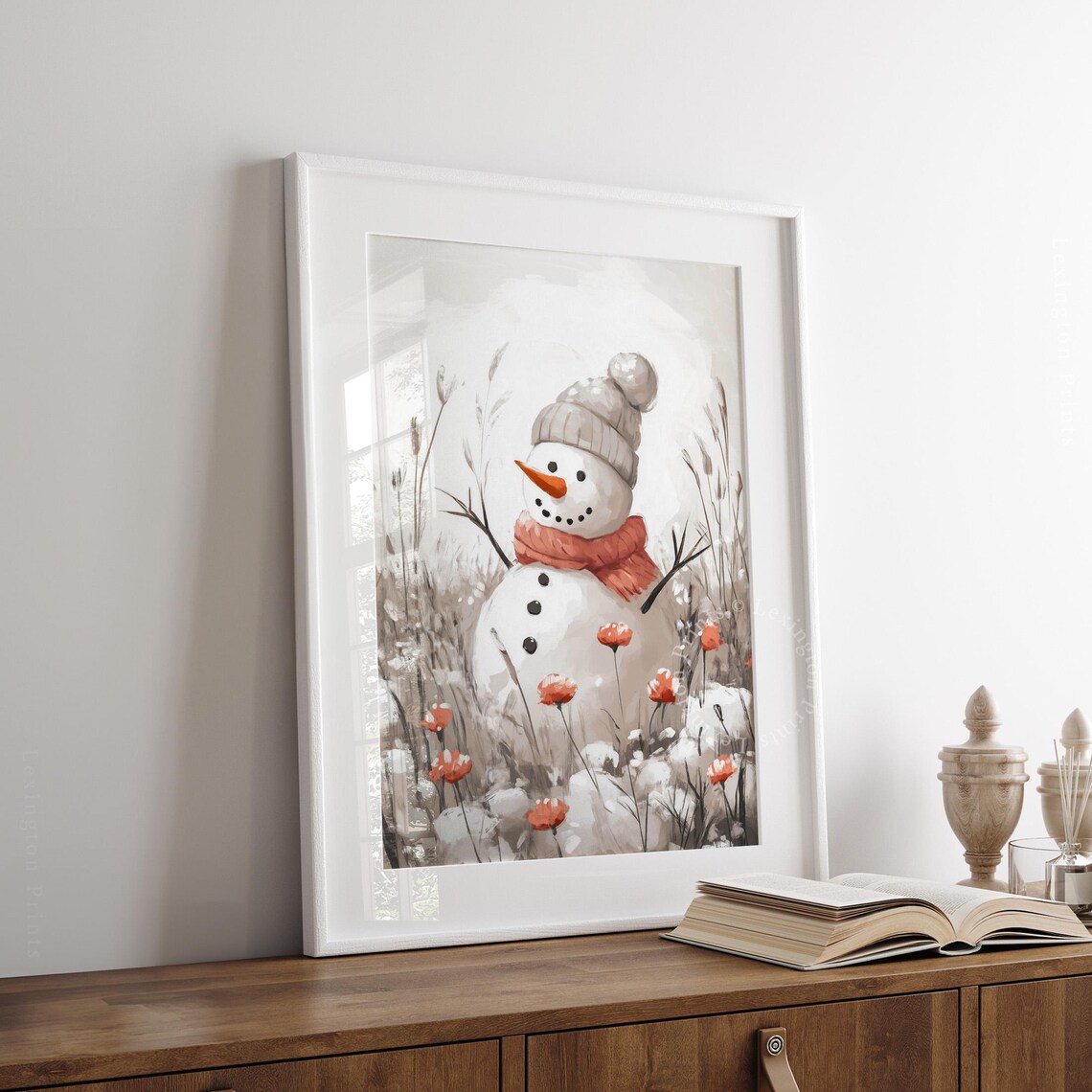 Neutral Snowman with Coral Scarf in Winter Field Christmas Wall Art - Image 7