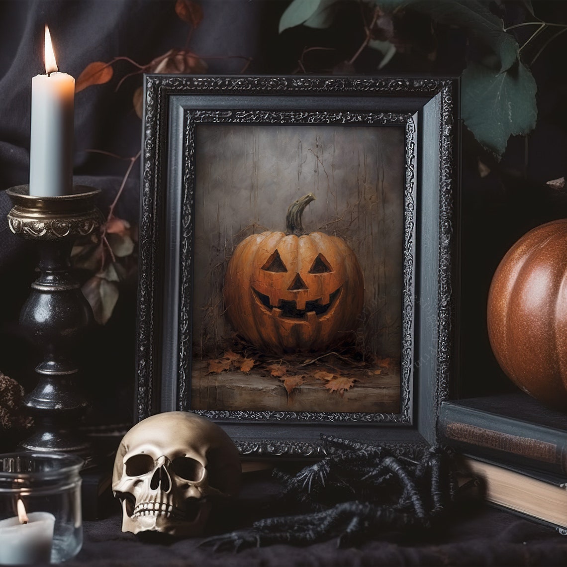 Smiling Jack-O-Lantern Pumpkin On Stone Ledge Oil Painting Fall Poster - Image 8