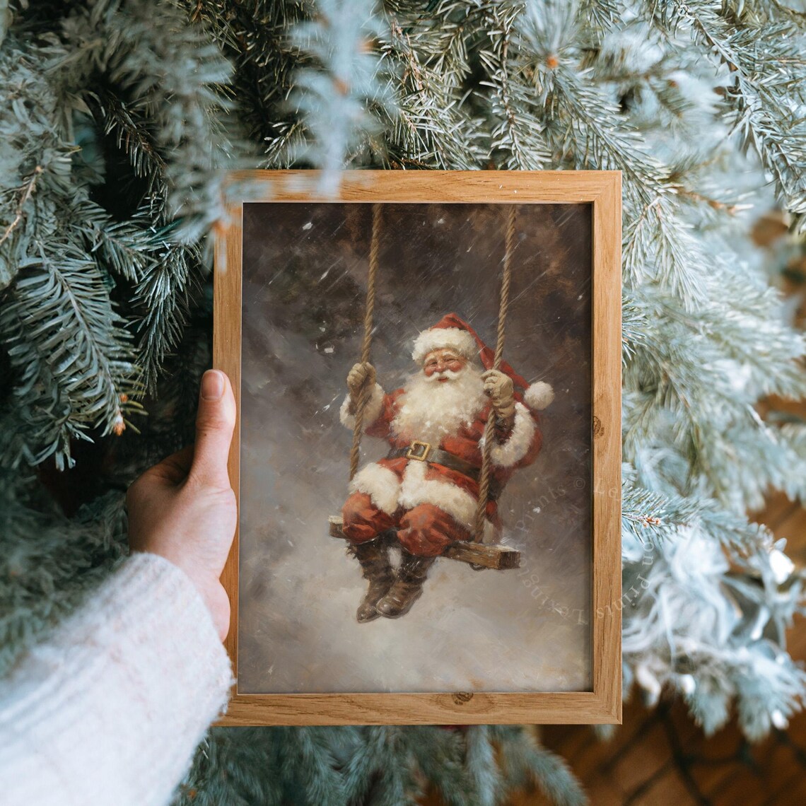 Vintage Santa Claus Swinging in Snow Oil Painting Christmas Poster - Image 8