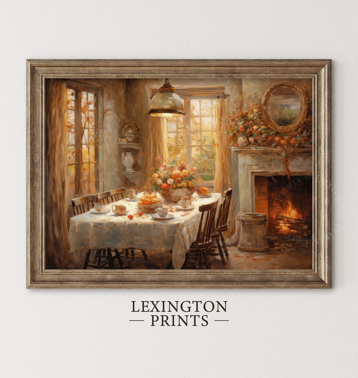 Cozy Autumn Dining Room with Fireplace Warm Fall Kitchen Wall Art
