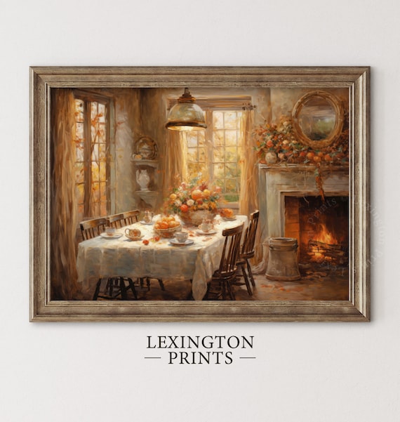 Cozy Autumn Dining Room with Fireplace Warm Fall Kitchen Wall Art