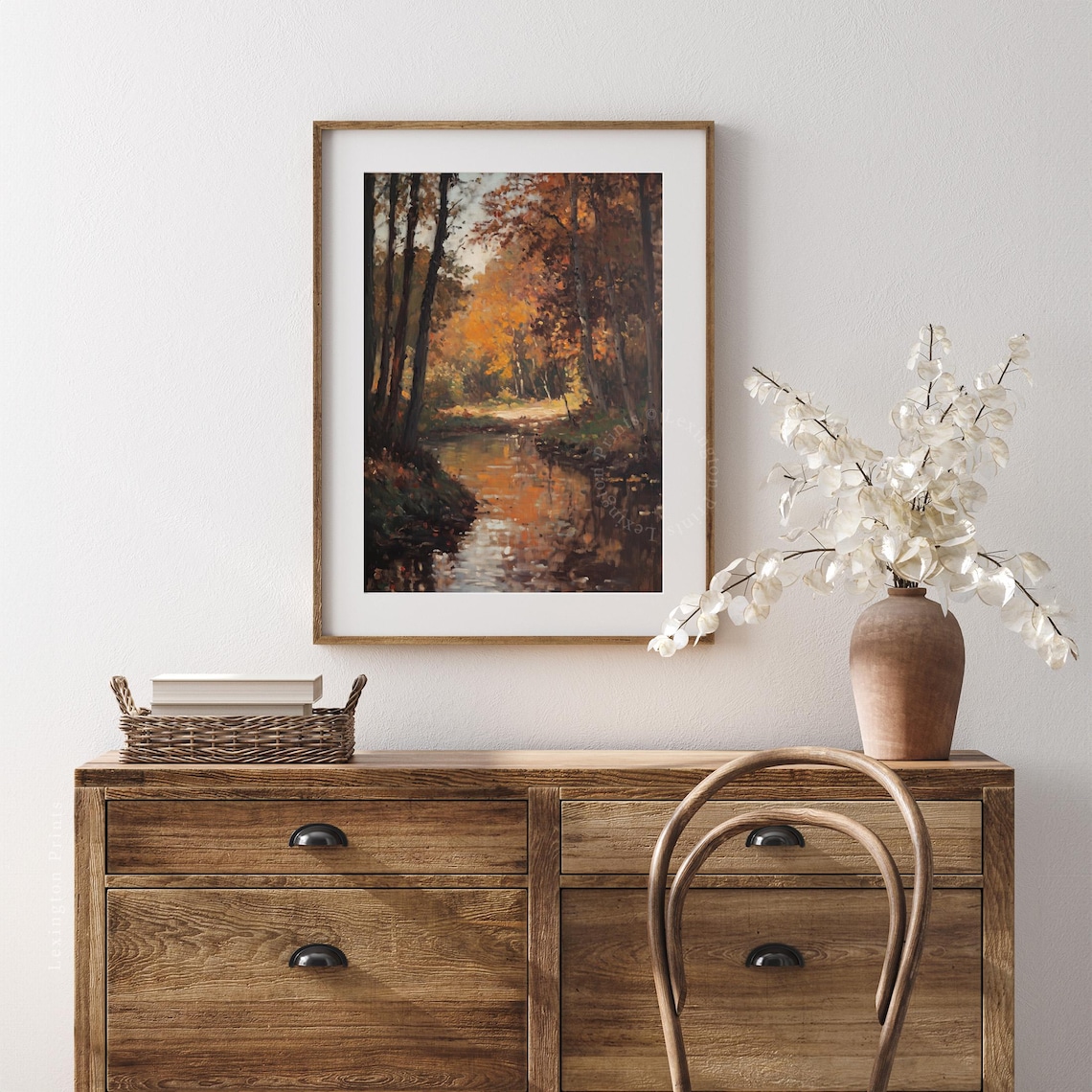 Moody Fall River Dark Forest Reflection Vintage Oil Painting Poster - Image 4