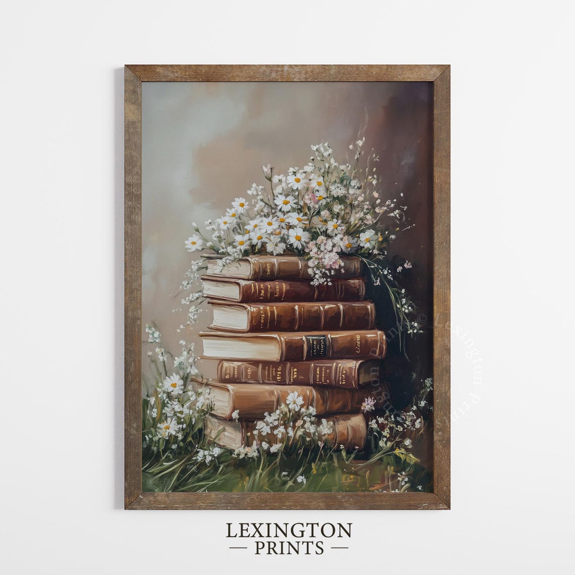 Vintage Books Stack Topped with Daisies Moody Floral Wall Art - Image 4