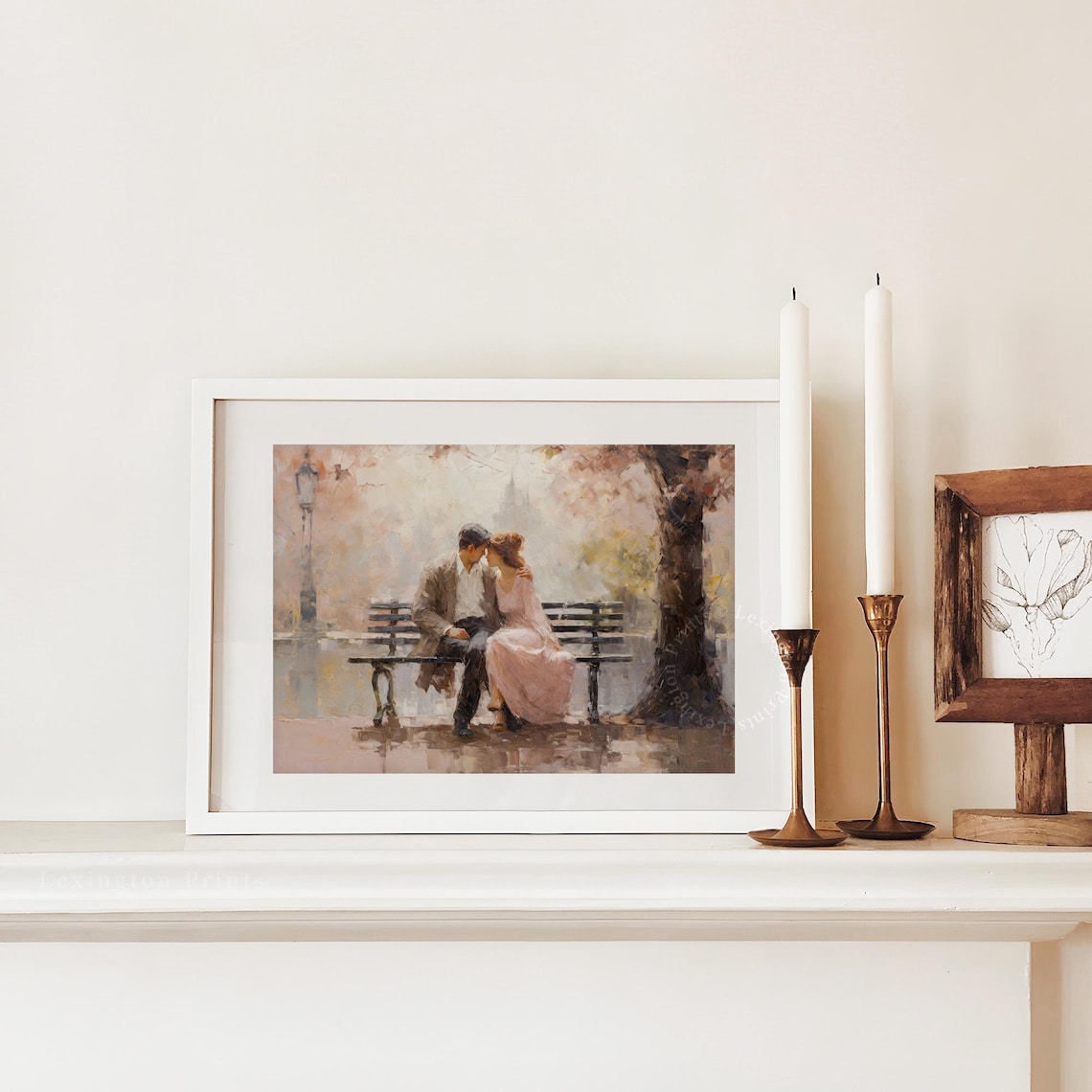 Romantic Couple on Park Bench Under Autumn Tree Watercolor Art Print - Image 3