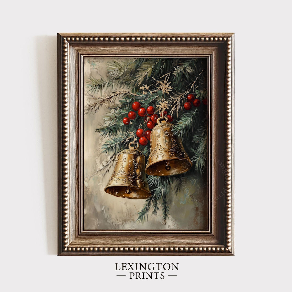 Vintage Gold Christmas Bells Pine Branches Red Berries Holiday Poster - Image 3