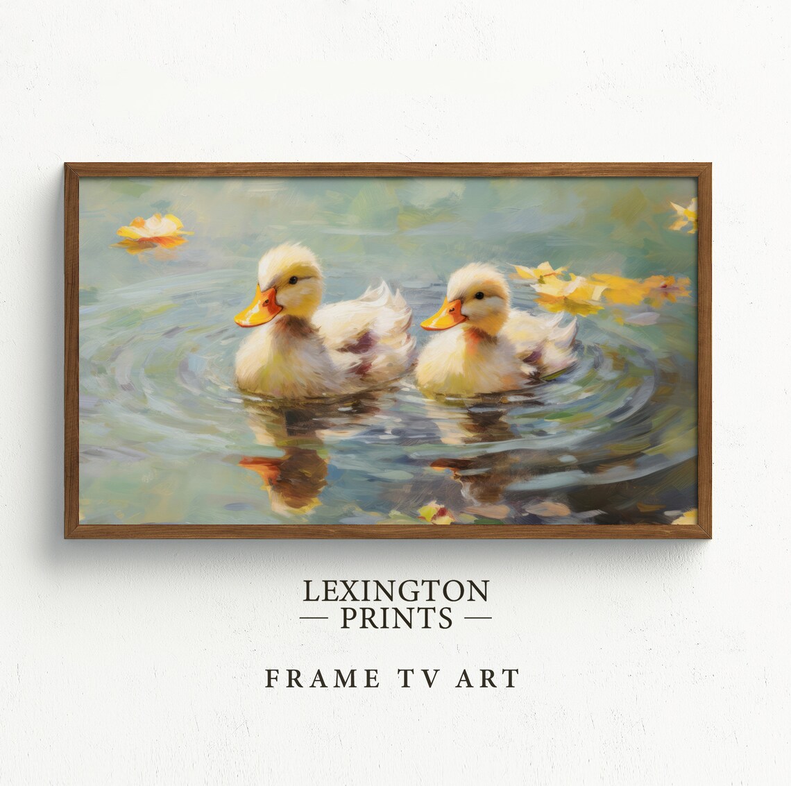 Two Ducklings Swimming on an Autumn Pond with Golden Leaves Poster - Image 5