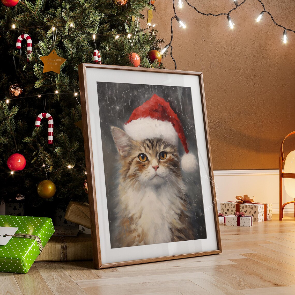 Fluffy Tabby Cat Wearing Santa Hat Snow Portrait Christmas Pet Poster - Image 7