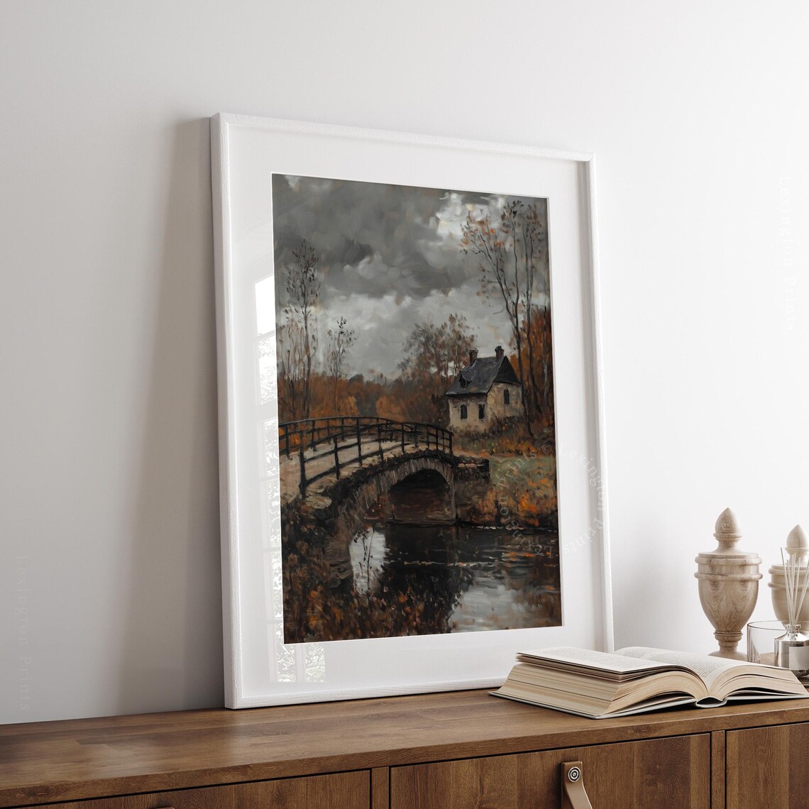 Old Stone Bridge and Cottage Moody Autumn Oil Painting Fall Poster - Image 8