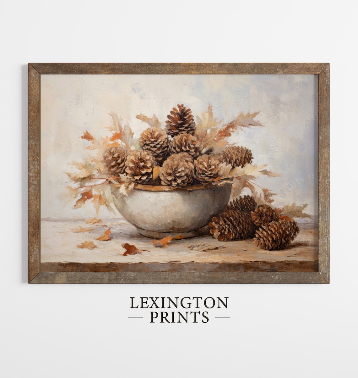 Pinecone Bowl Rustic Fall Harvest Still Life Oil Painting Poster