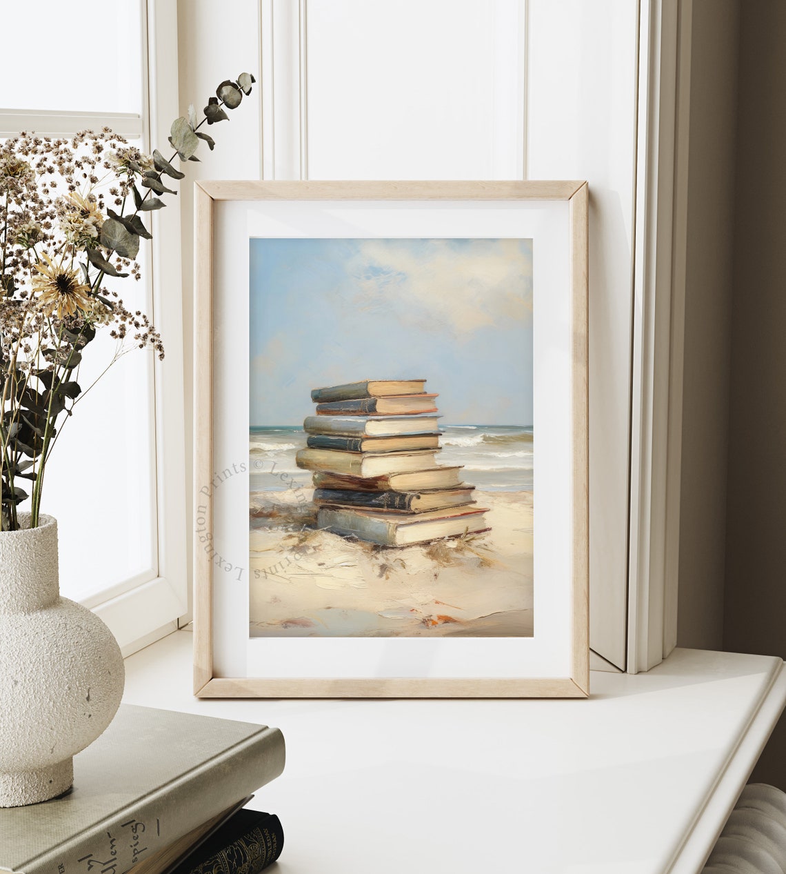 Stack of Vintage Books on Sandy Beach Ocean Painting Wall Art - Image 8