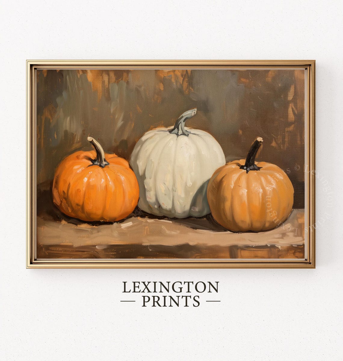 Three Orange and White Pumpkins Still Life Oil Painting Fall Poster - Image 3